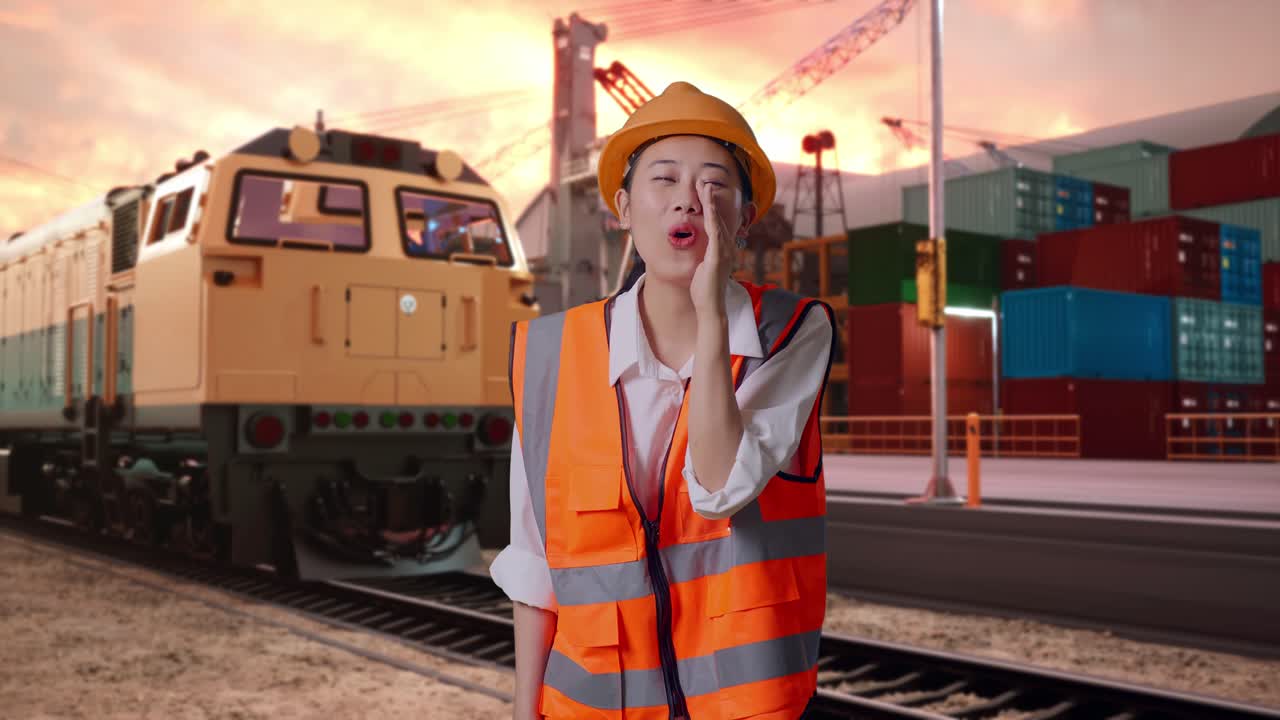 Asian Female Engineer With Safety Helmet Yelling With Hand Over Mouth With Freight Cargo Train At Port