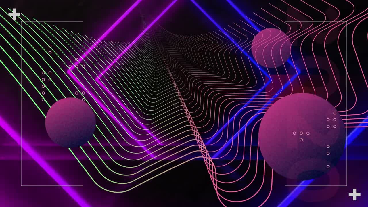 Animation of purple and blue neon diamonds with colourful curved lines and purple spheres on black