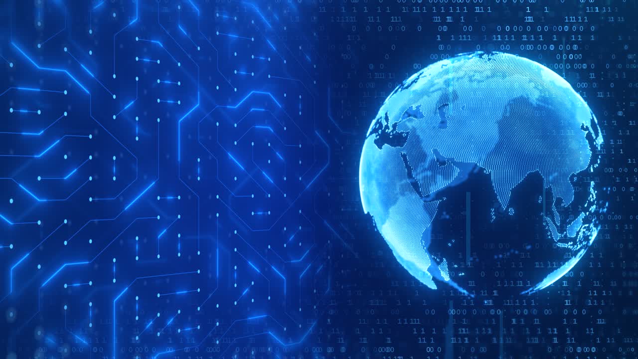 Global Technology and Business Concept: Blue Earth, Circuit Patterns, and Futuristic Digital Network in Hi-Tech Space