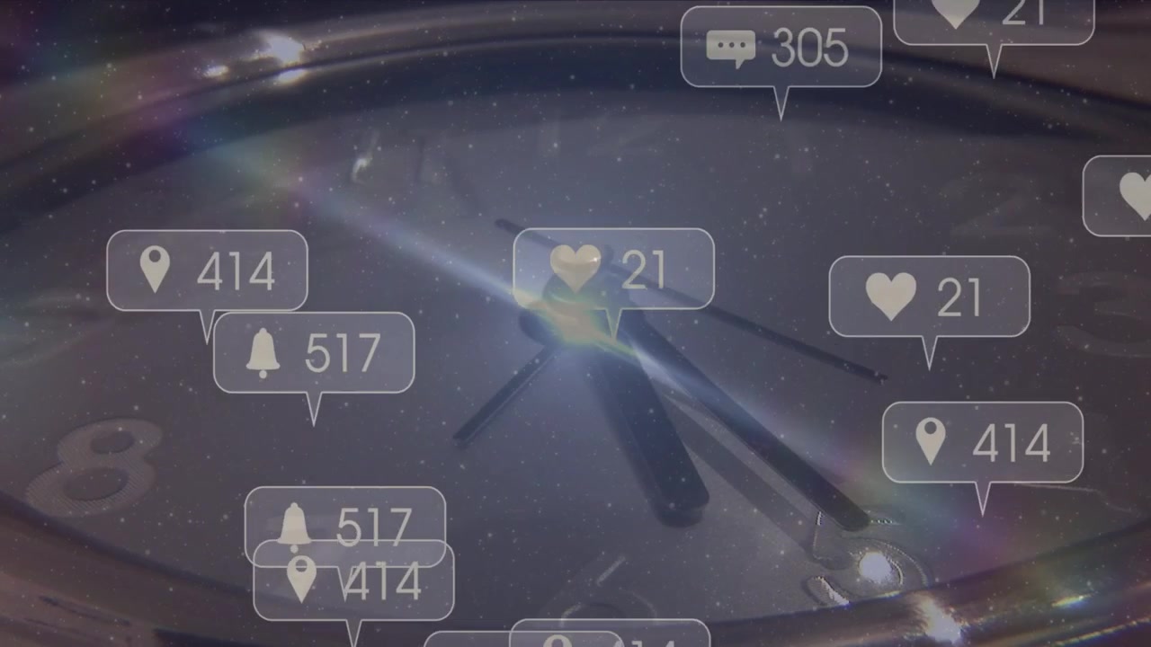 Analog clock face sparking icon bubbles from central flare, growing upward and showing engagement