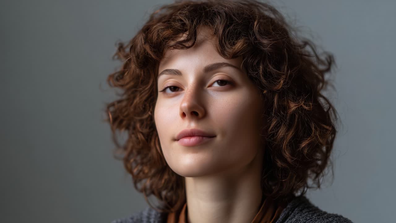Una giovane donna serena con i capelli ricci che vive un momento di tranquillità, incarnando calma e pace mentre chiude gli occhi in un ambiente contemplativo.