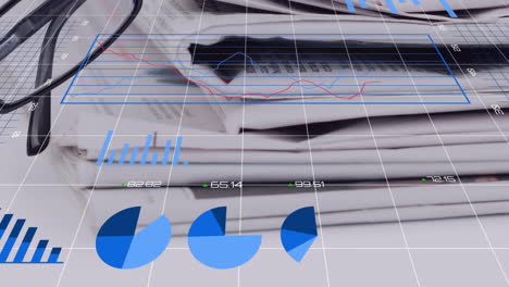 animación de múltiples gráficos, cambiando números sobre el patrón de cuadrícula contra gafas y periódicos