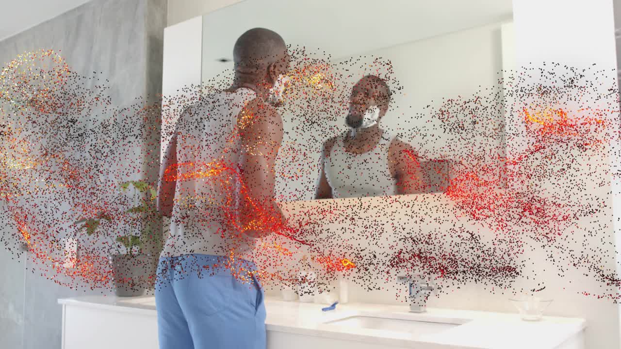 Man touching cheek, applying foam and shaving with razor while swirl sweeping mirror for grooming