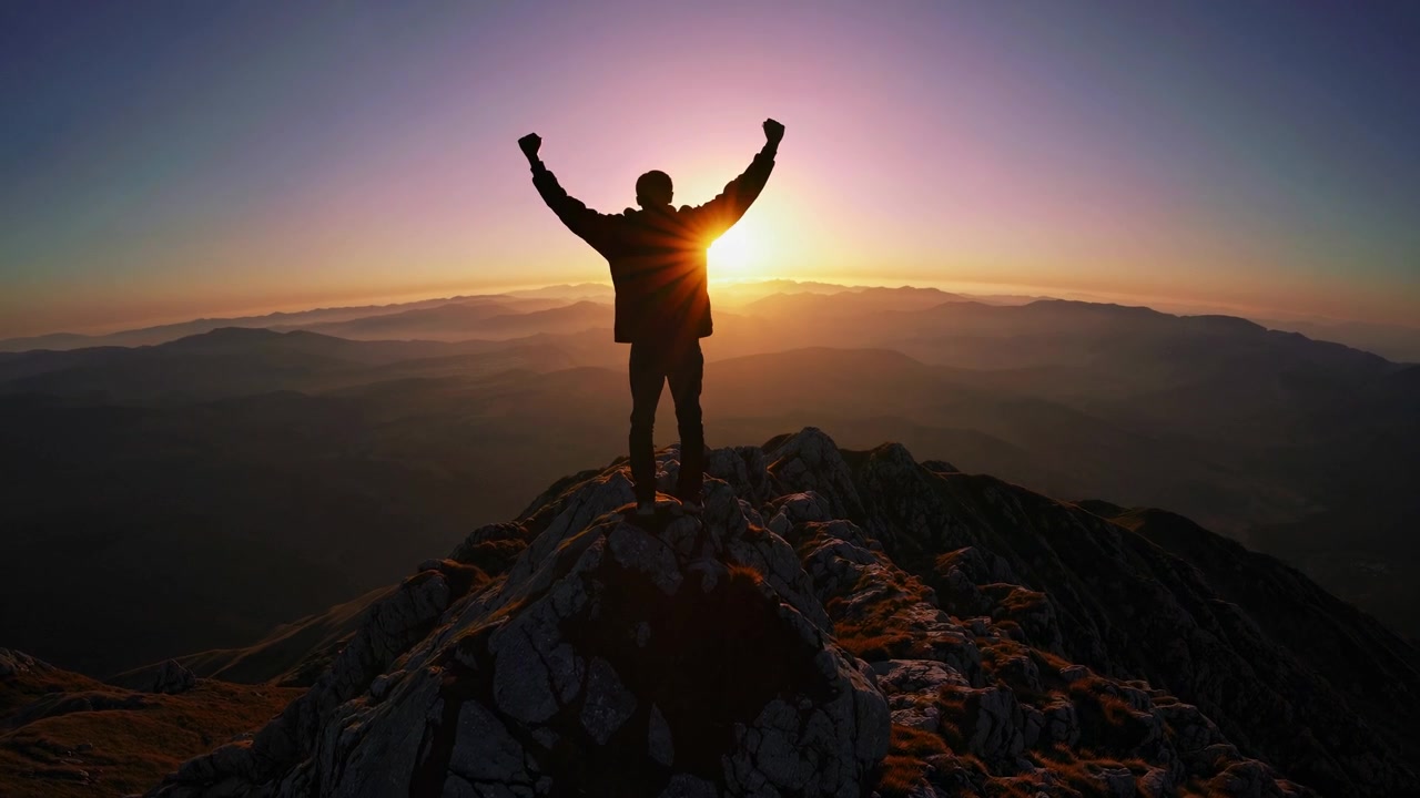 Silhouette einer Person, die bei Sonnenuntergang auf dem Berggipfel ihren Erfolg feiert