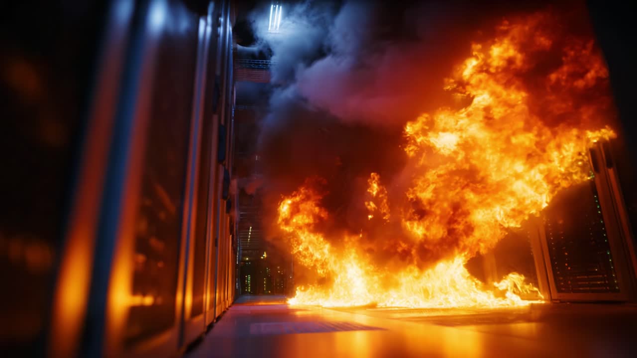 Un violento incendio divampa in un data center, creando caos e minacciando le apparecchiature con fiamme distruttive e fumo denso in un ambiente elettronico