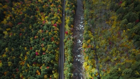 breathtaking aerial of kancamagus highway road with autumn fall foliage