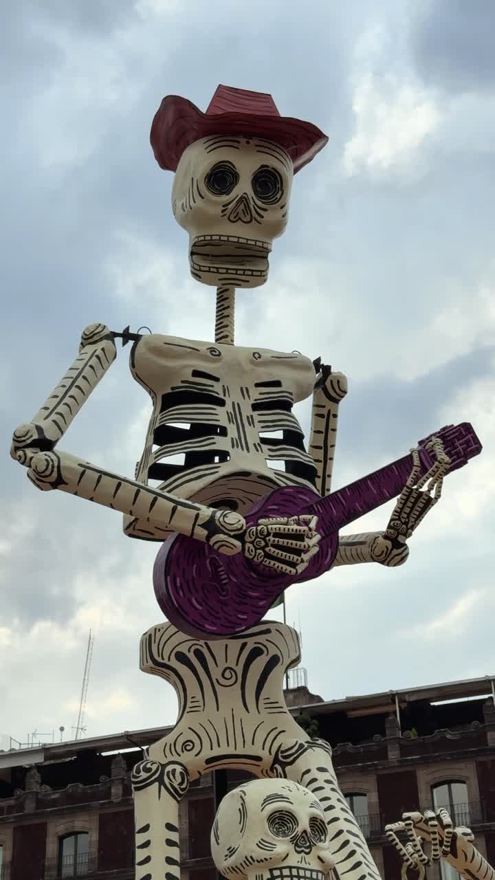 Large scale sculpture of Skeleton Playing Guitar at Day of the Dead Festival