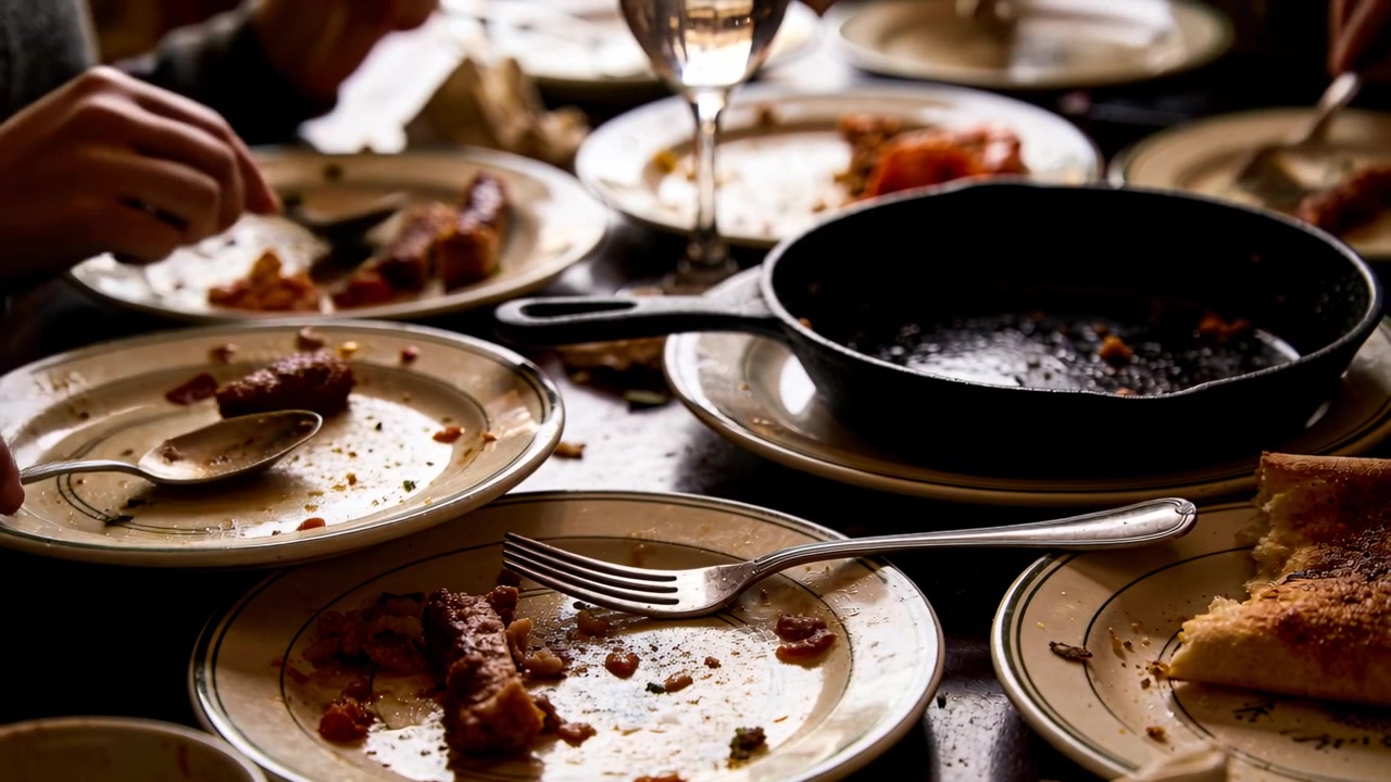 Clearing plates after meal ending, diners' hands passing skillet and scraping food at dining table