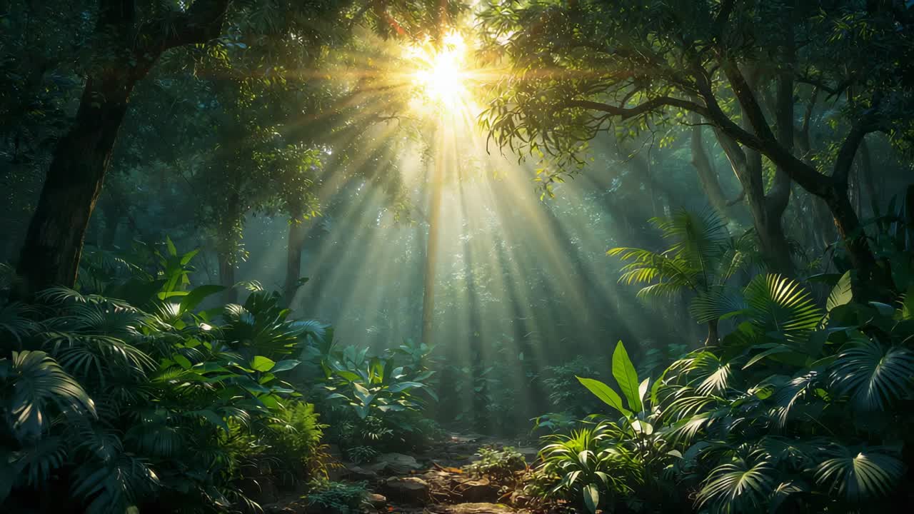 Sun rising, casting bright beams through canopy into morning forest clearing to light narrow path