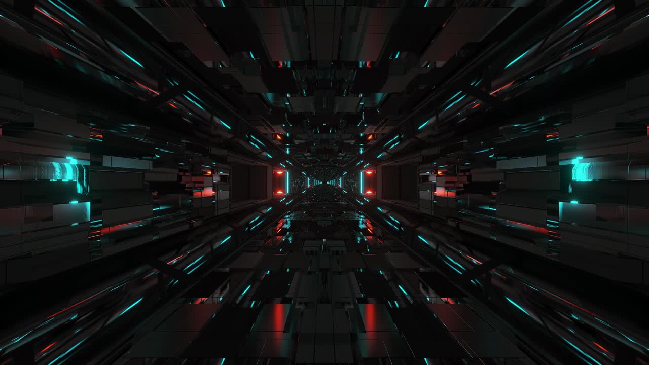 3d illustration motion background vj loops with futuristic sci-fi hangar tunnel corridor with nice reflections and dark atmosphere, science-fiction 3d rendering live wallpaper artwork club visuals loops