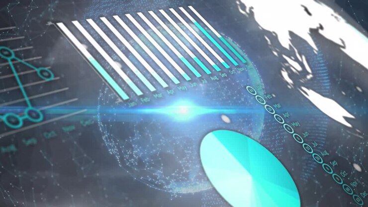Statistical data processing and blue spot of light over globe of network of connections