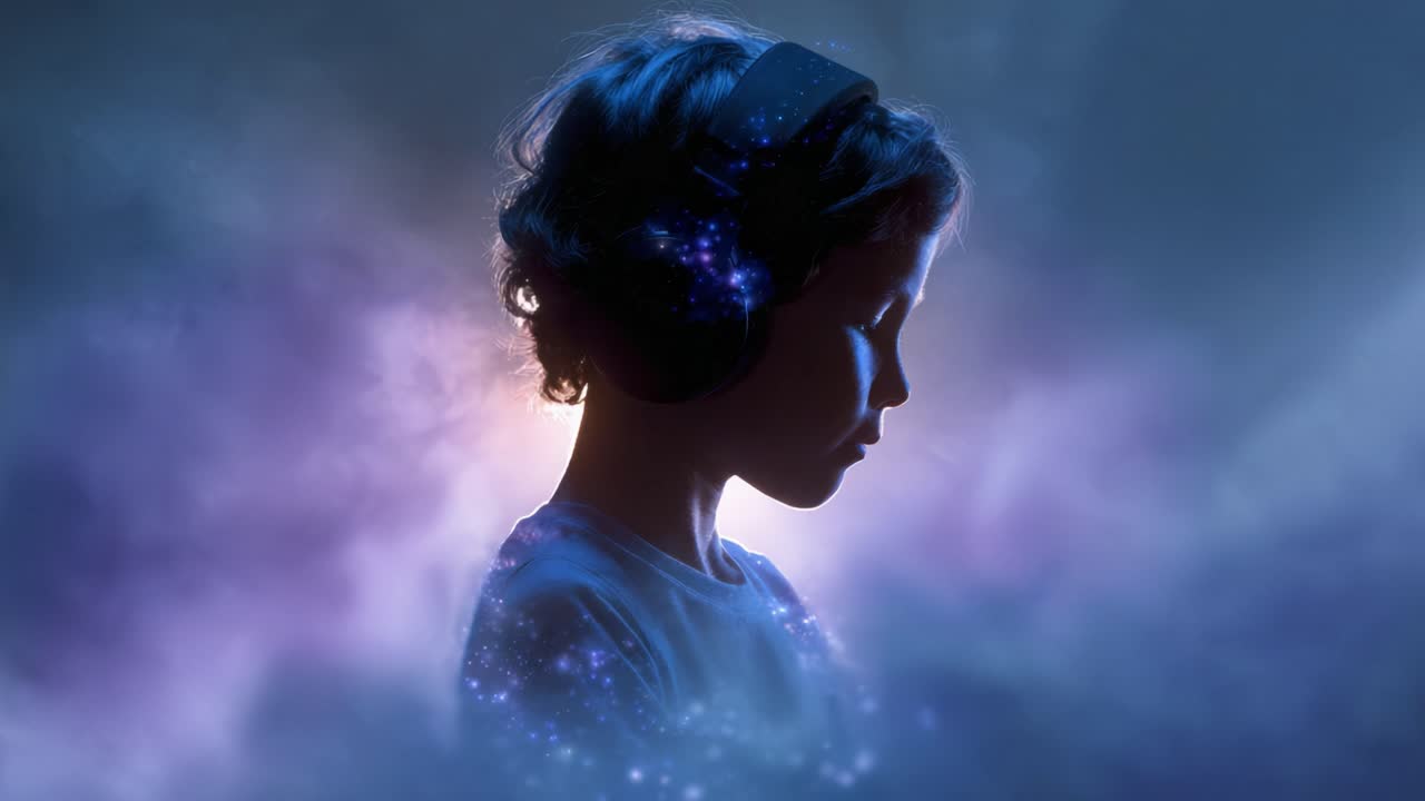 Un bambino piccolo di profilo indossa cuffie, immerso in un'atmosfera da sogno, circondato da una luce eterea e modelli colorati, che rappresentano l'immaginazione e la musica