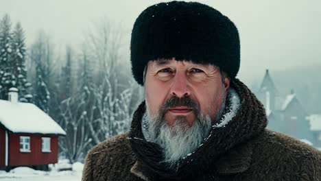 a man with a beard and a fur hat standing in a snowy forest