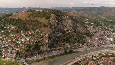 slow zoom in timelapse over berat city in albania with traffic