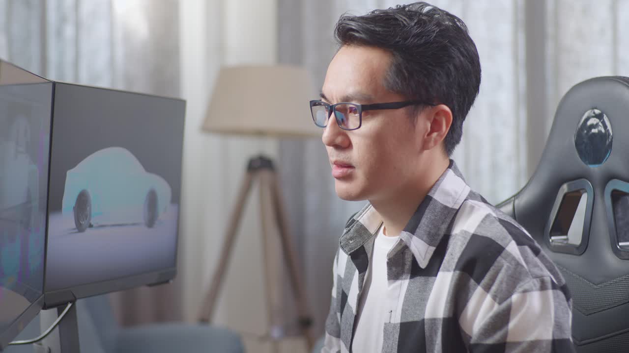 흥분한 디자이너가 성공적인 3d 자동차 디자인을 축하합니다.