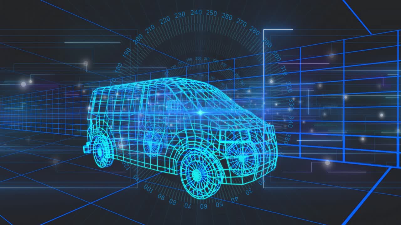 Scan starting, cyan wireframe van pulsing while radial scale rotating and grid scrolling for scan
