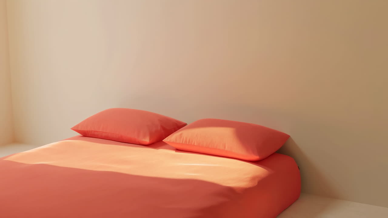 Sunlit Coral Bed With Two Pillows Warm Beige Wall And Soft Morning Light Creating Cozy Minimalist Scene,
