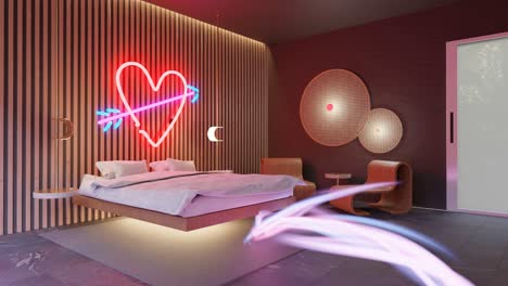 Habitación-De-Hotel-De-Motel-De-Luna-De-Miel-Con-Corazón-LED-Y-Flujo-De-Energía-Alrededor-Del-Dormitorio-Animación-De-Representación-3d