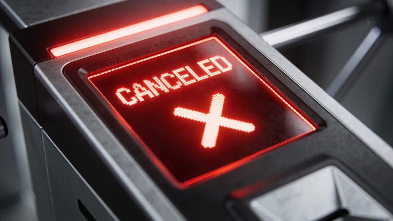 Displaying access reader showing CANCELED and red X at concourse, red indicator bar lighting