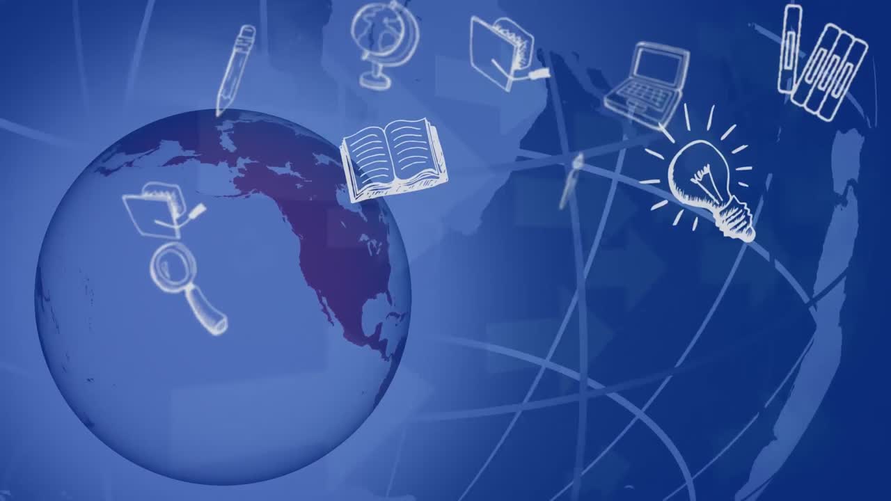 animación de iconos escolares flotando sobre flechas con globo azul y fondo azul