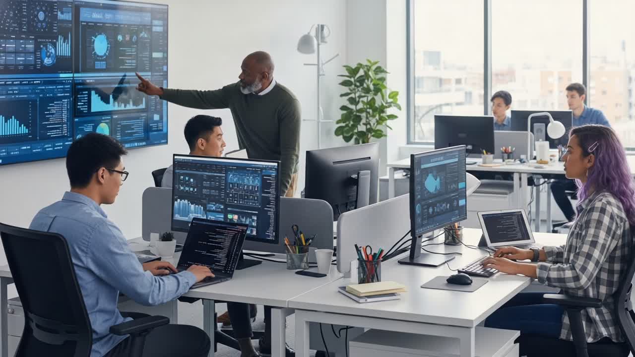 Team Collaborating in a Modern Office Environment, Engaged in Data Analysis with Advanced Technology and Visualizations for Strategic Planning and Decision Making