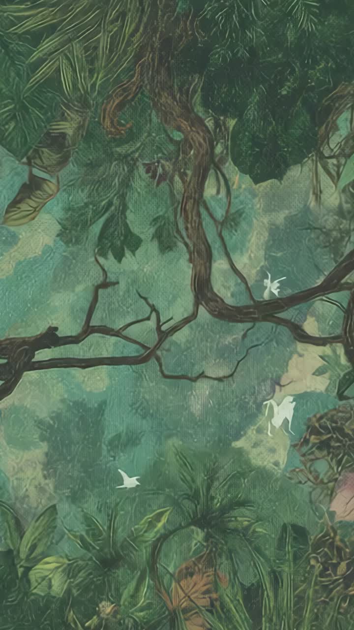 Vertical video: Showing forest canopy mural staying static on gallery wall, with twisted branch