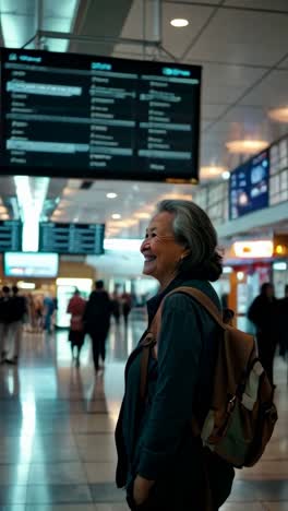 a senior woman at the airport looking at flight information before boarding