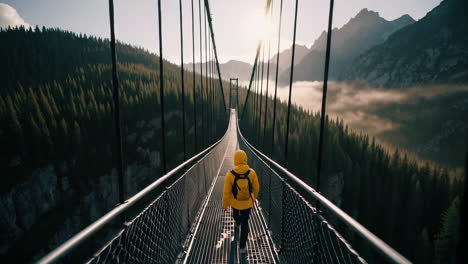 hiker on a mountain suspension bridge at sunrise