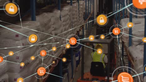 animation of network of digital icon over aerial view of male worker operating forklift at warehouse