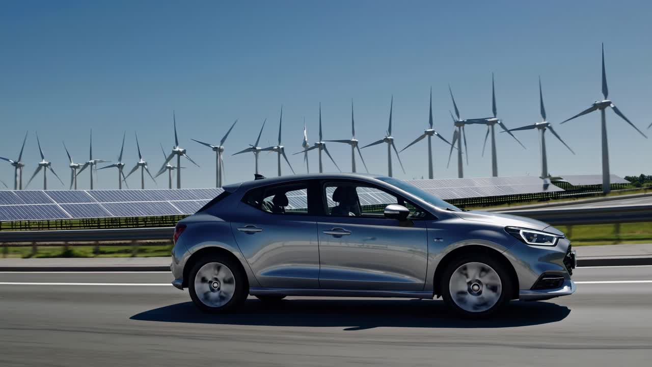 Side view video of a car driving past solar panels and wind turbines, showcasing renewable energy