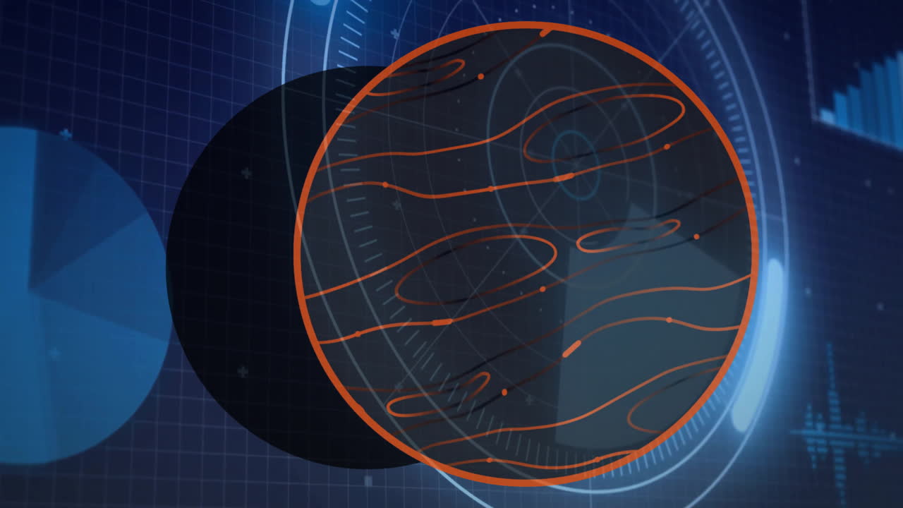 Animation of abstract digital globe with orange lines on blue tech background