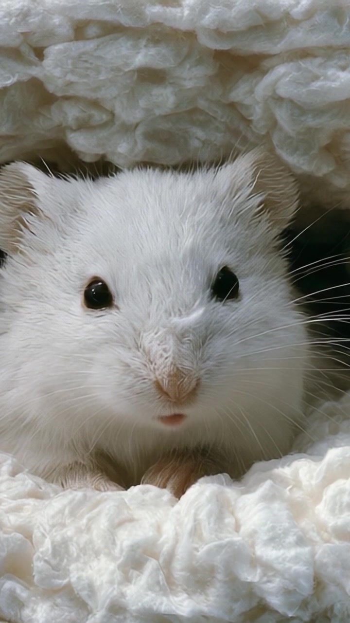 Adorabile criceto bianco fa capolino da una lettiera accogliente, mettendo in mostra la sua morbida pelliccia e i suoi occhi espressivi in una scena deliziosamente carina.