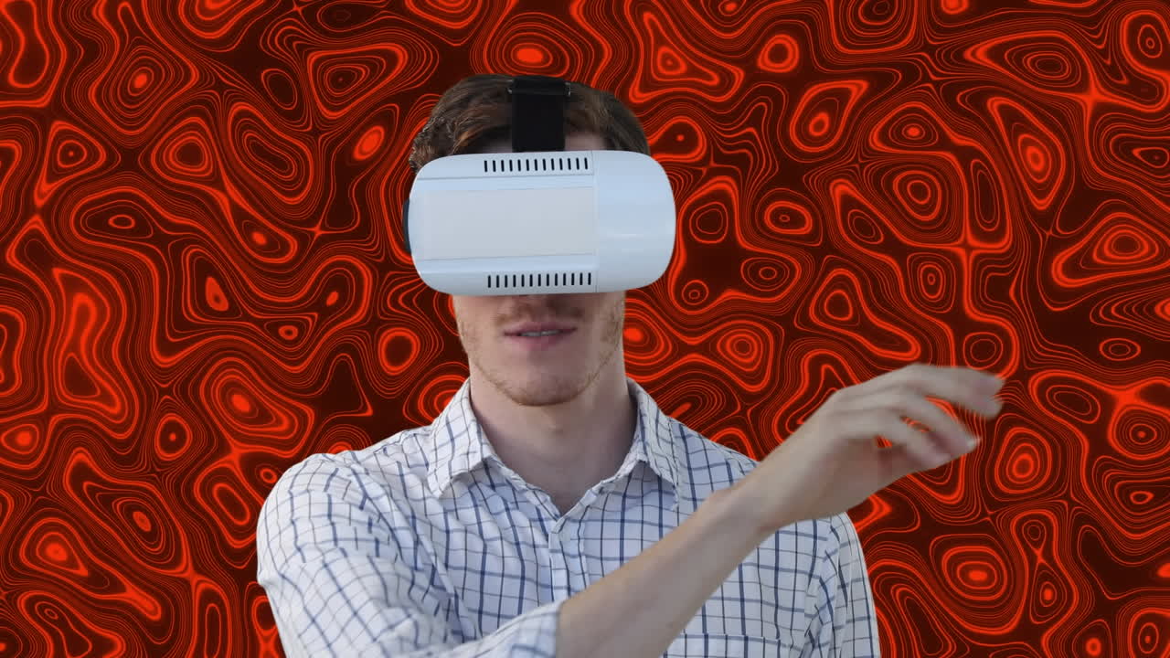 animación de un hombre con auriculares vr sobre un fondo líquido