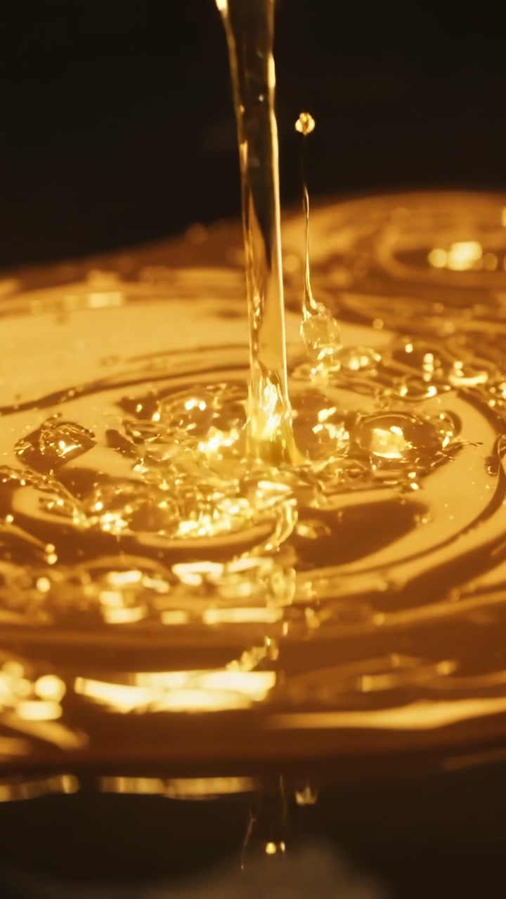 Vertical video: Droplet forming, golden oil stream falling overhead, striking mirror dish in studio