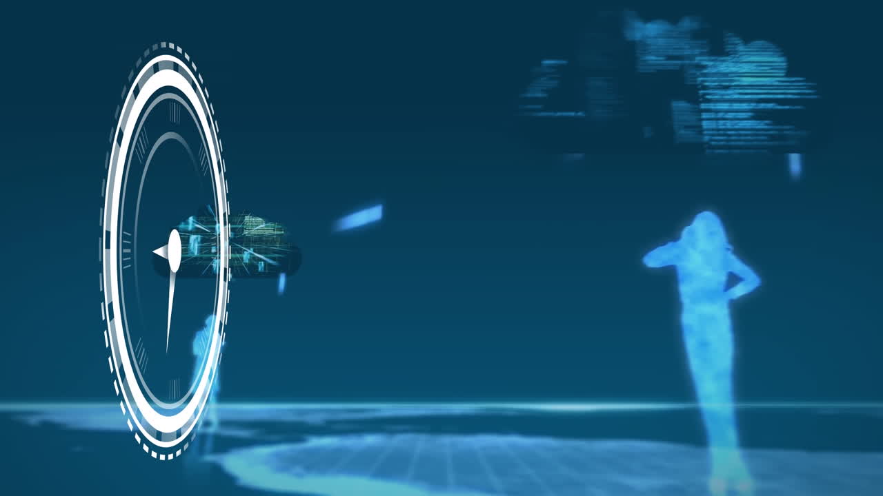 사람 실루과 데이터 처리의 위로 움직이는 시계의 애니메이션