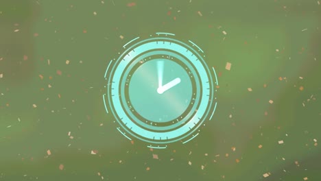 animation of falling confetti over blue clock on green background