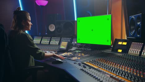 retrato de una elegante ingeniera de audio y productora que trabaja en un estudio de grabación de música, utiliza una computadora de pantalla verde, una placa de mezcla, un escritorio de control para crear una nueva canción.