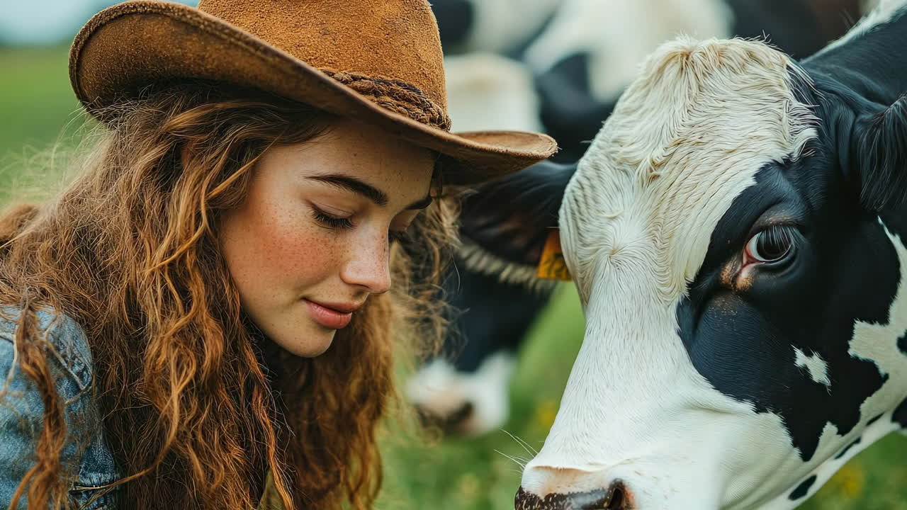 Cowgirl bonds with a cow. A girl with curly hair and a cowboy hat smiles as she interacts with a cow in a green pasture under bright skies