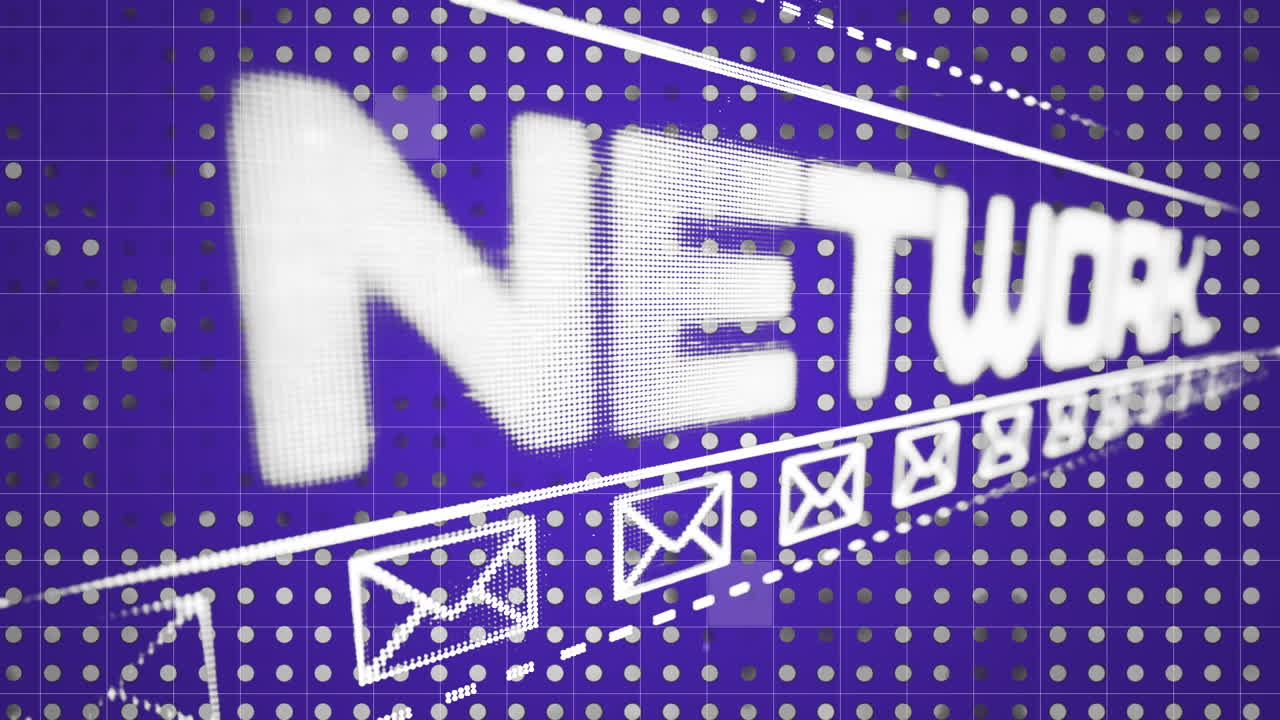 단어 소셜 네트워크와 보라색 배경에 움직이는 봉투