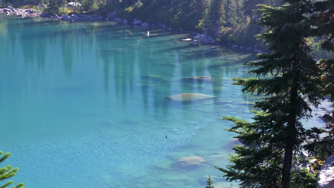 Serene View Of Blue Clear Waters Of Joffre Lakes Provincial Park In Pemberton, British Columbia, Canada. Aerial Wide Shot