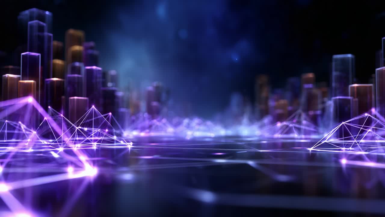 Vibrant and Futuristic Digital Cityscape at Night, Featuring Glowing Geometric Patterns and Vivid Colors, Evoking a Sense of Innovation and Technology with a Stunning Visual Experience in a Networked Environment