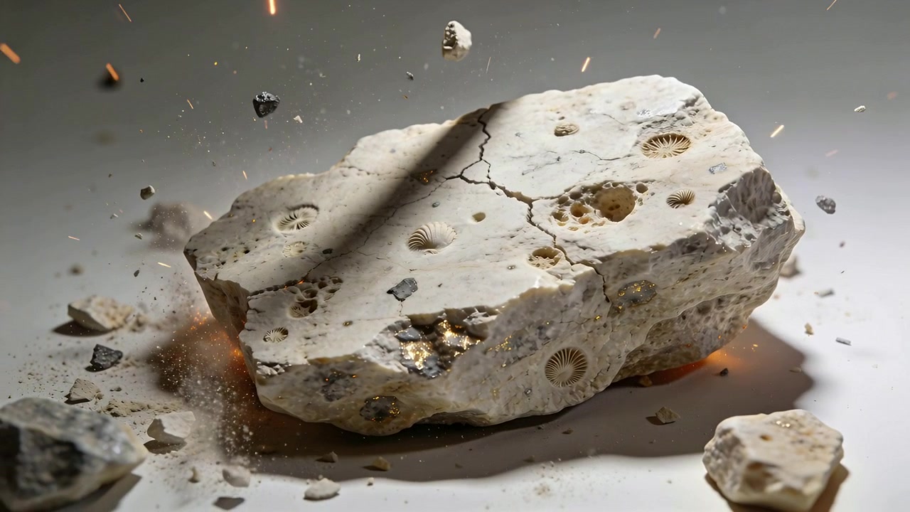 Roca pálida chispeante con huellas fósiles e inclusiones de oro expulsando fragmentos y polvo sobre una mesa.