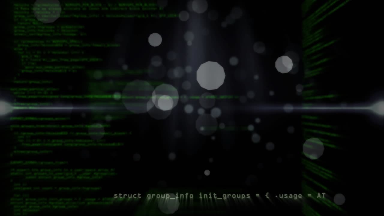 Camera shifting green code converging orbs gathering glowing code window centering showing focus