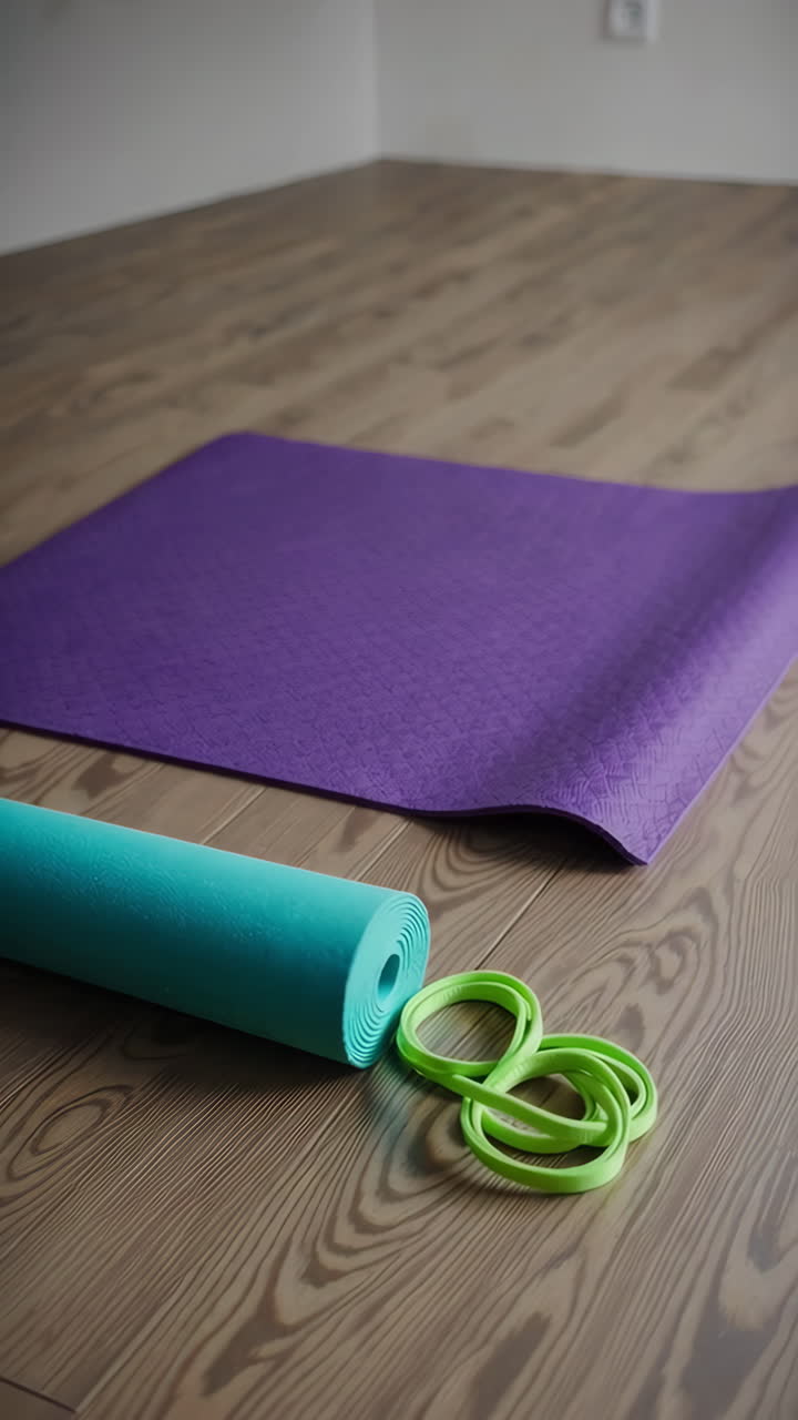 Yoga mat and accessories on a wooden floor
