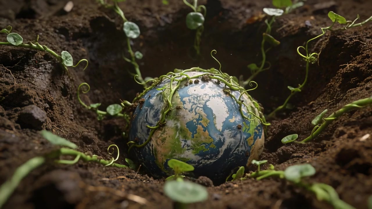 Zarcillos extendiéndose, enredaderas verdes envolviendo el globo terráqueo en un hoyo de tierra, buscando apoyo.