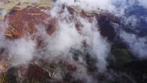 white clouds over red autumn forest in lombardy countryside, italy, aerial view