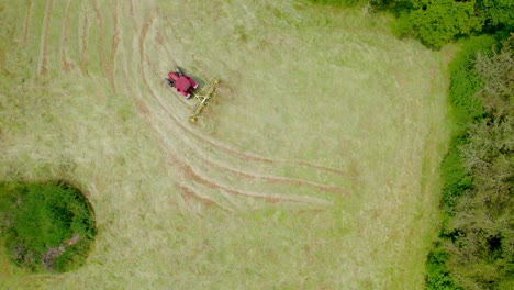 red lawn mower cutting grass in green field