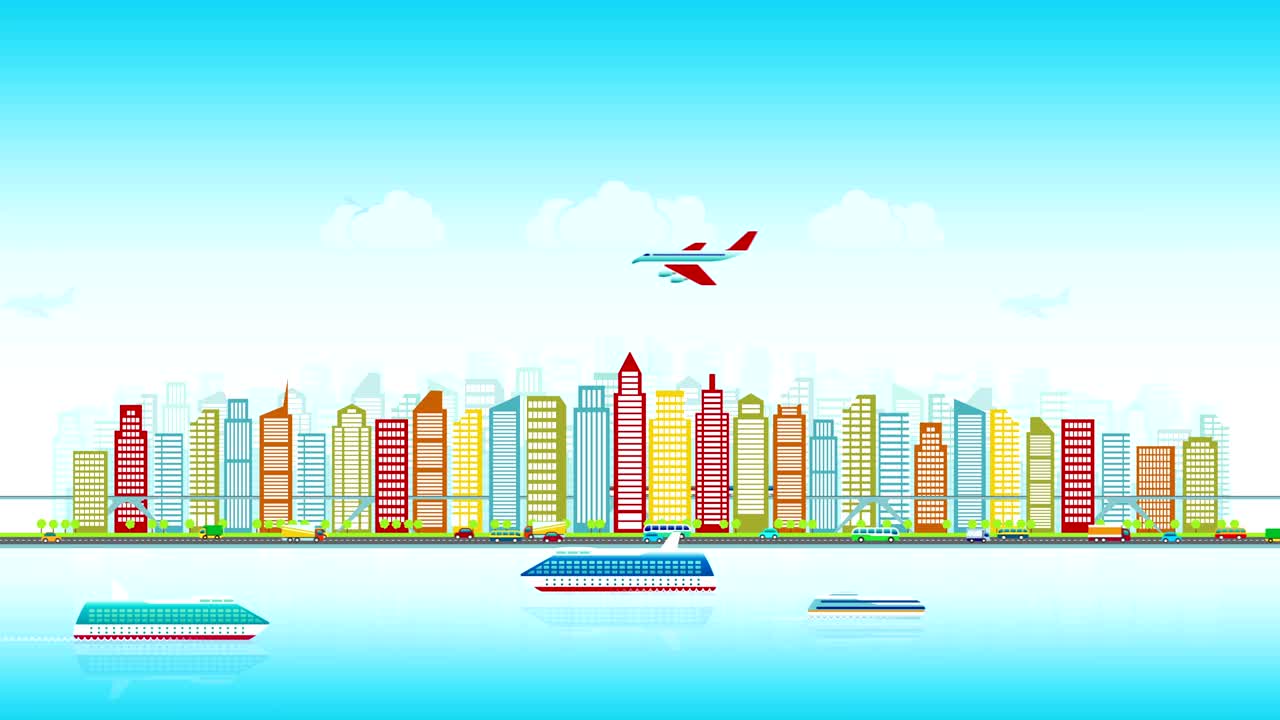 Skyline colorato della città con traffico di vari veicoli (treno, aereo, auto, nave) in stile piatto, paesaggio urbano, loop continuo.