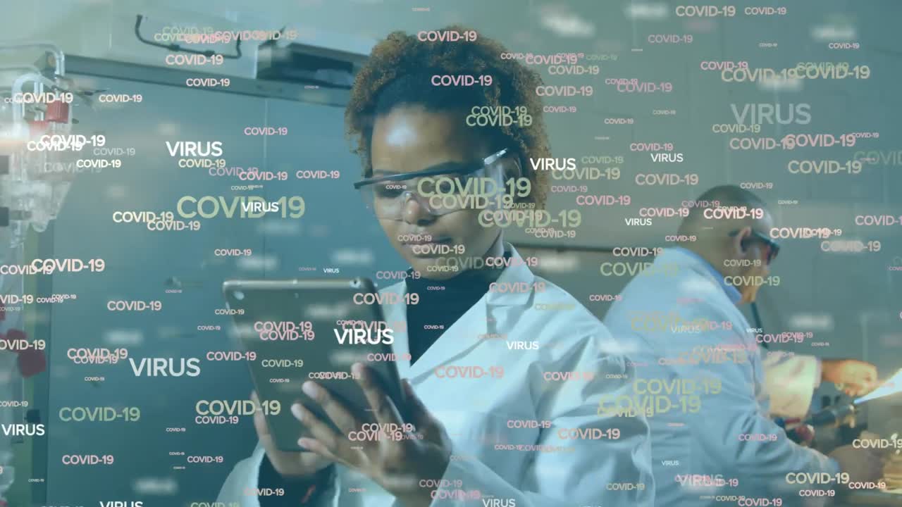 Covid-19 text concepts against female scientist working in laboratory