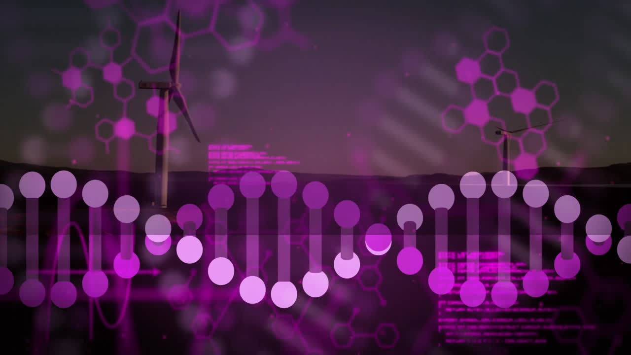 DNA strand and hexagonal patterns animation over wind turbines at sunset